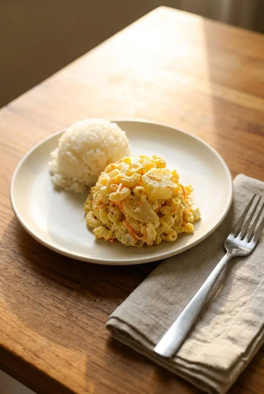 A scooped plate of creamy potato mac salad served alongside sticky white rice on a wooden dining table.