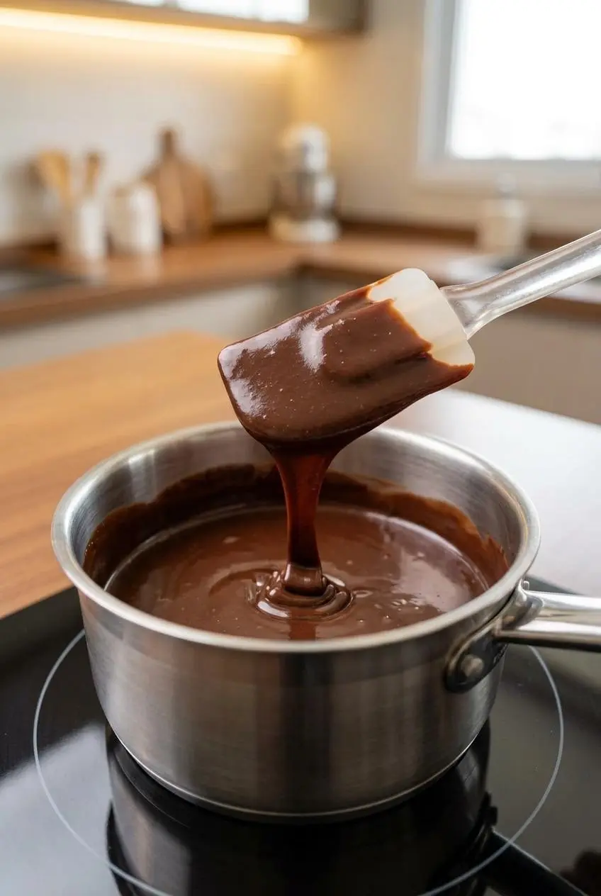 Glossy chocolate brigadeiro glaze dripping from a spatula back into a stainless steel saucepan.