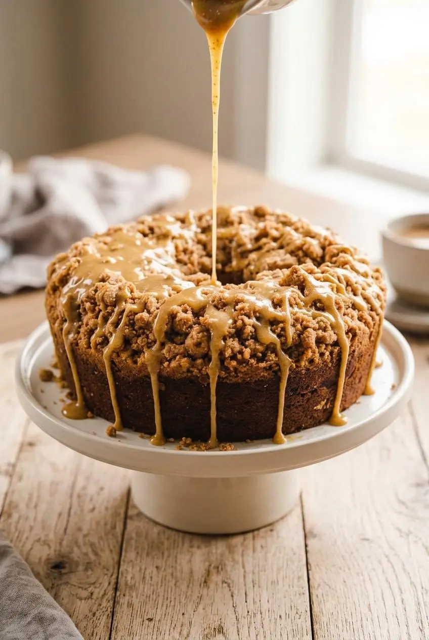 Toasted brown butter glaze being poured over a whole Cinnamon Swirl Bundt Coffee Cake on a rustic table setting.
