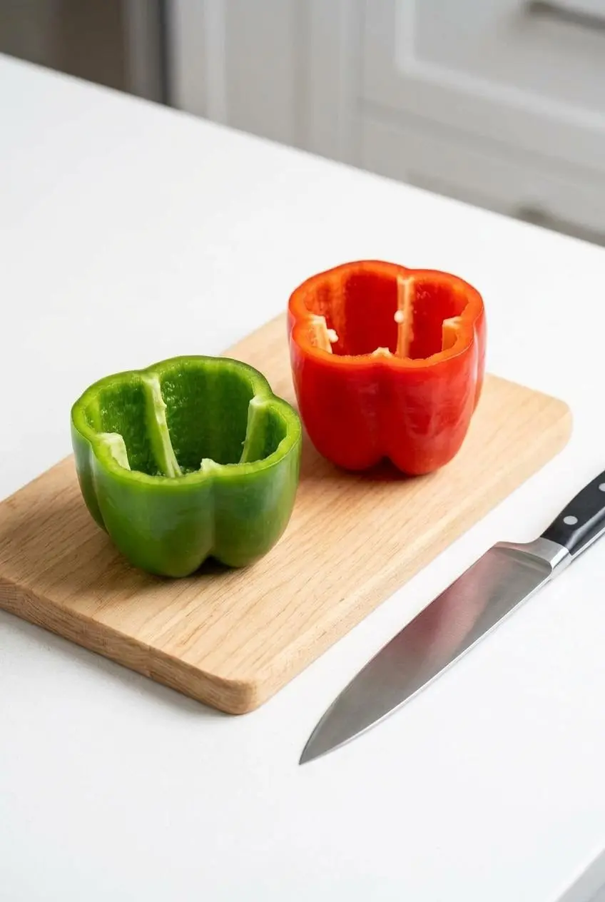 Raw red and yellow bell peppers on a cutting board, with one cut horizontally and one hollowed out vertically.
