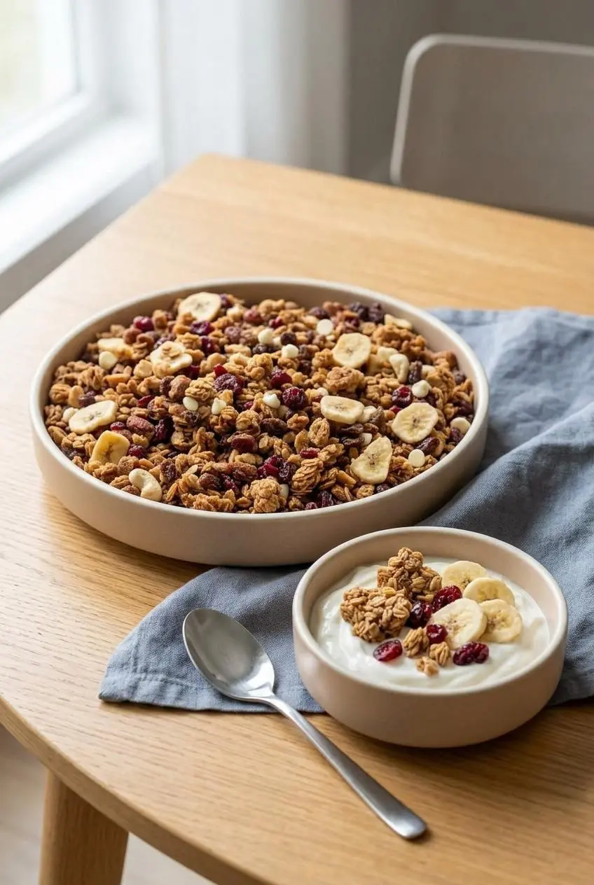 A bowl of creamy Greek yogurt topped with crunchy protein granola next to a serving dish of oat clusters.