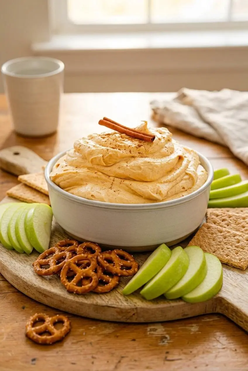 Bowl of pumpkin cheesecake dip surrounded by fresh green apple slices, pretzels, and graham crackers on a wooden serving board.