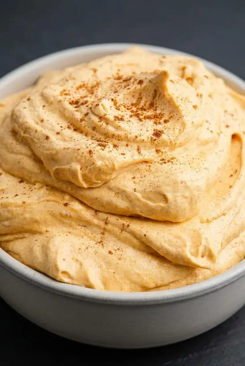 Close-up of thick, lump-free orange pumpkin dip showing a soft, airy peak in a bowl.