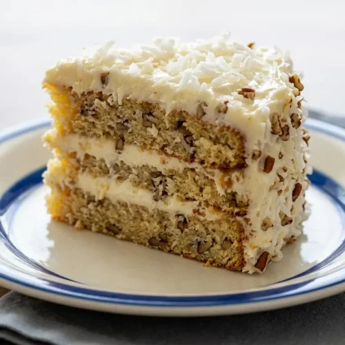 A slice of Quick Italian Cream Cake on a plate, showing fluffy layers, coconut flakes, and cream cheese frosting.