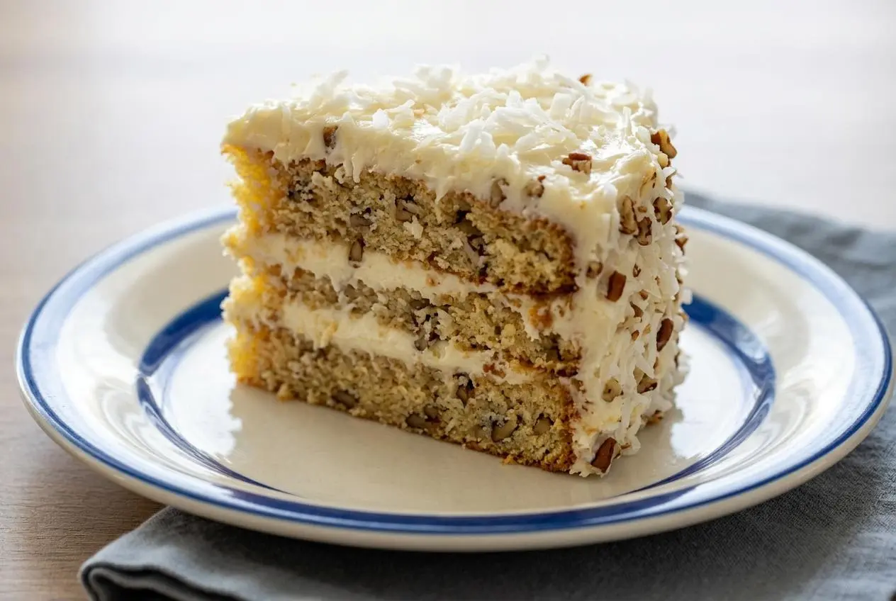 A slice of Quick Italian Cream Cake on a plate, showing fluffy layers, coconut flakes, and cream cheese frosting.