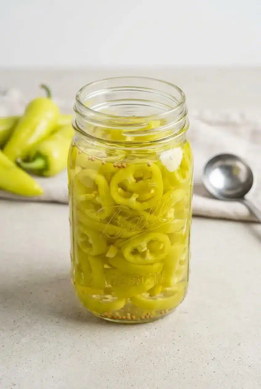 Vibrant yellow-green banana pepper rings packed inside a clear glass jar filled with clear pickling vinegar brine.