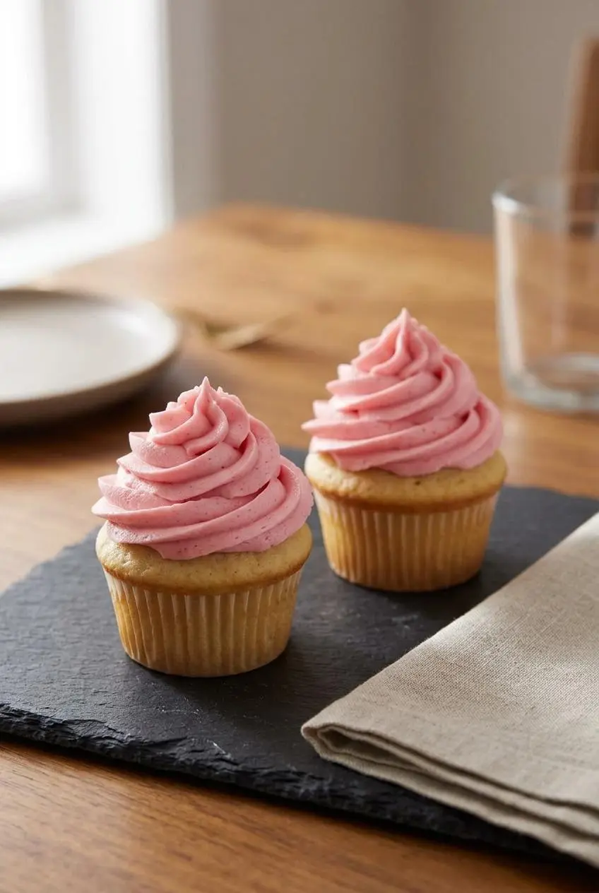 Two vanilla cupcakes topped with tall, elegant star-tipped swirls of pink raspberry buttercream on a slate surface.