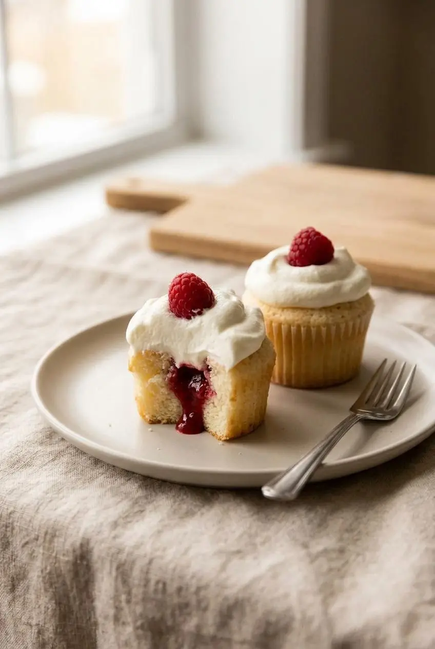Two angel food cupcakes on a plate with one cut open to show a bright red raspberry coulis filling.