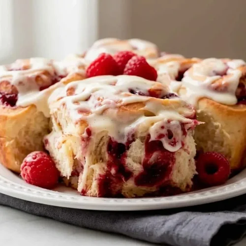 Baked raspberry sweet rolls topped with thick, glossy cream cheese icing and filled with ruby-red fruit swirls.