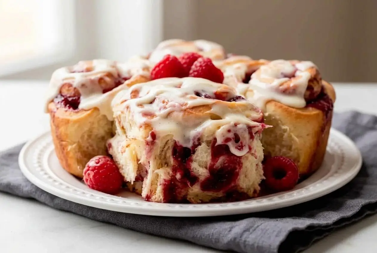 Baked raspberry sweet rolls topped with thick, glossy cream cheese icing and filled with ruby-red fruit swirls.