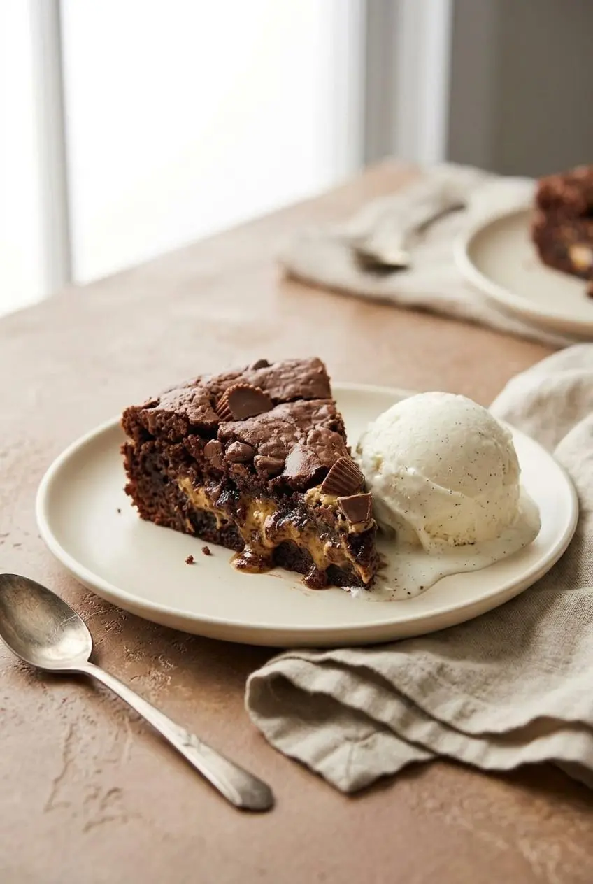 A warm slice of Reese’s Peanut Butter Earthquake Cake on a plate next to a melting scoop of vanilla bean ice cream.