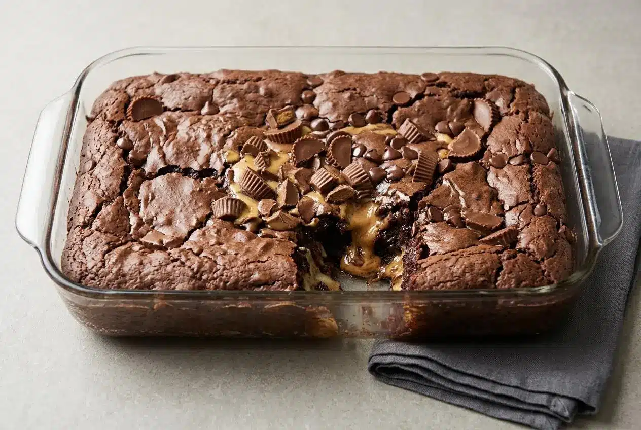 Baked Reese’s Peanut Butter Earthquake Cake showing a rich chocolate surface with gooey cream cheese swirls and melted peanut butter cups.