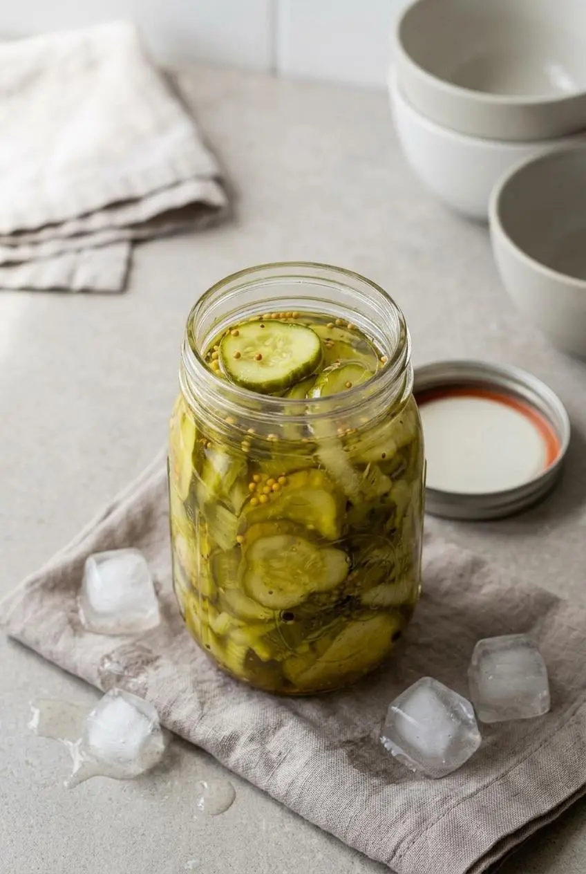 Uncapped jar of refrigerator pickles on a kitchen counter with melting ice cubes on a linen towel.