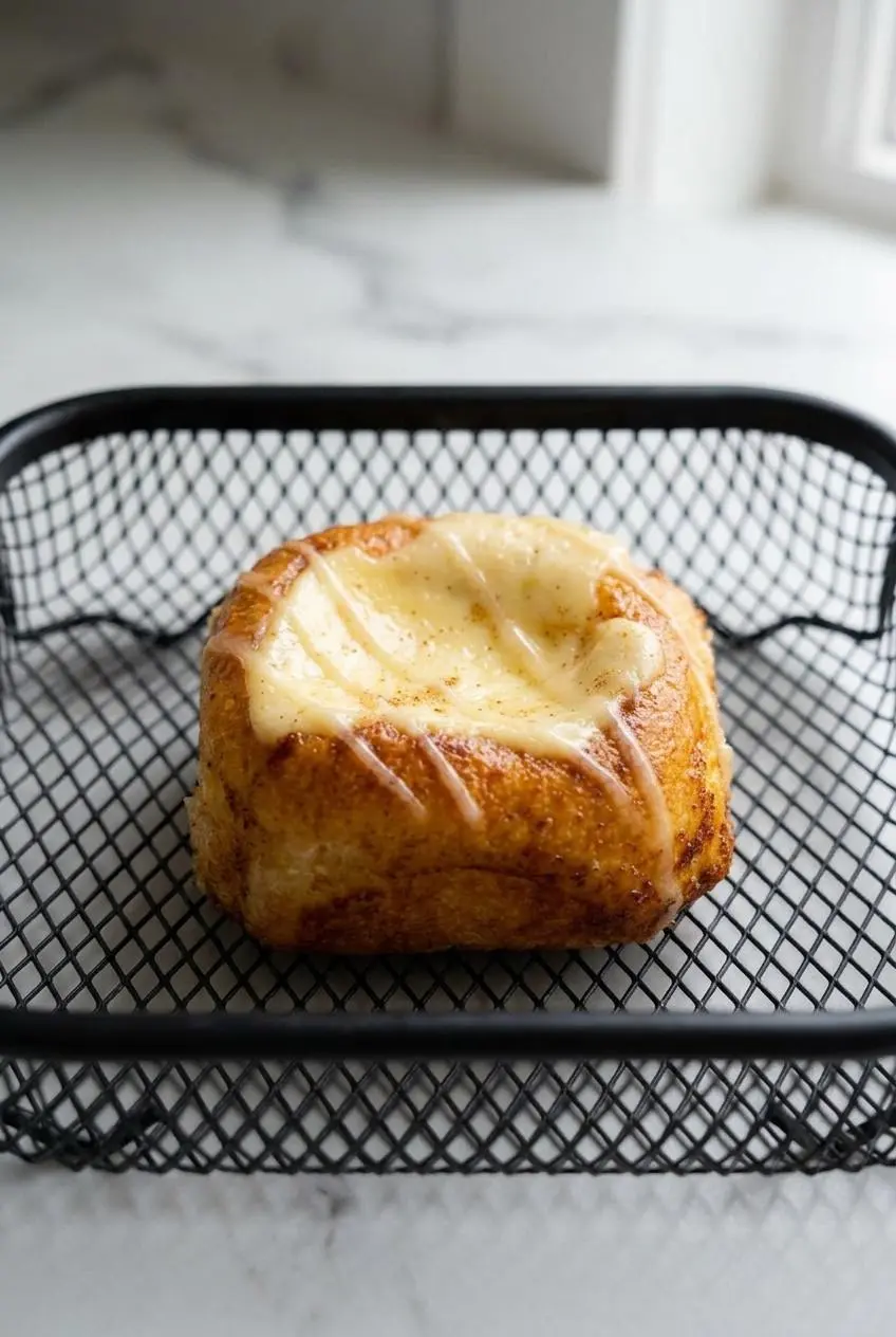 A single golden King's Hawaiian cheesecake danish warming inside a clean black air fryer basket.