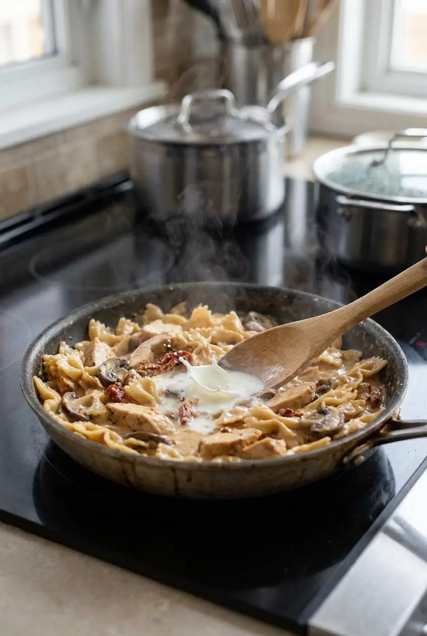 Reheating leftover Chicken Pasta Milano in a skillet over low heat with a splash of milk.