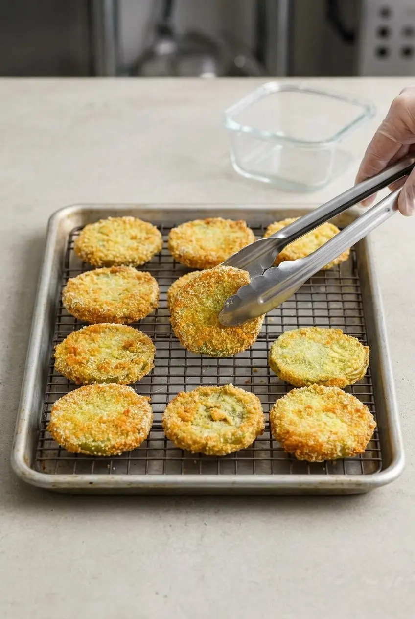 Fried green tomatoes placed on a wire cooling rack inside a baking sheet for oven reheating.