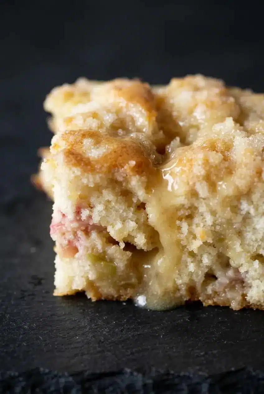 Macro slice of rhubarb cake showing the tender crumb, diced rhubarb pieces, and coarse sugar streusel with dripping vanilla sauce