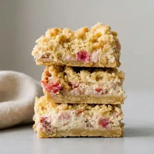 Rhubarb Cream Cheese Bars showing a crisp golden oat topping layered over a creamy spiced filling and tart pink rhubarb.