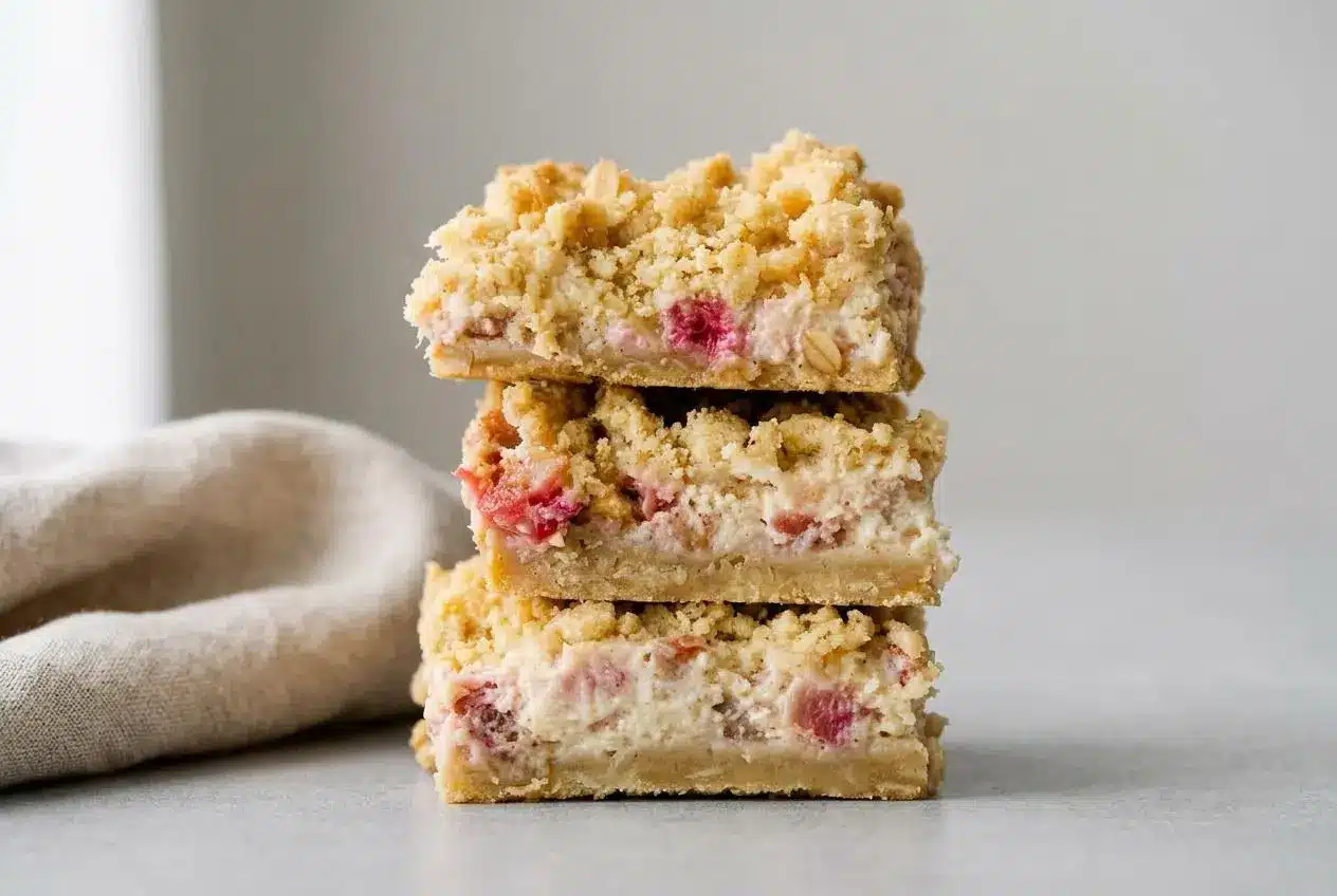 Rhubarb Cream Cheese Bars showing a crisp golden oat topping layered over a creamy spiced filling and tart pink rhubarb.