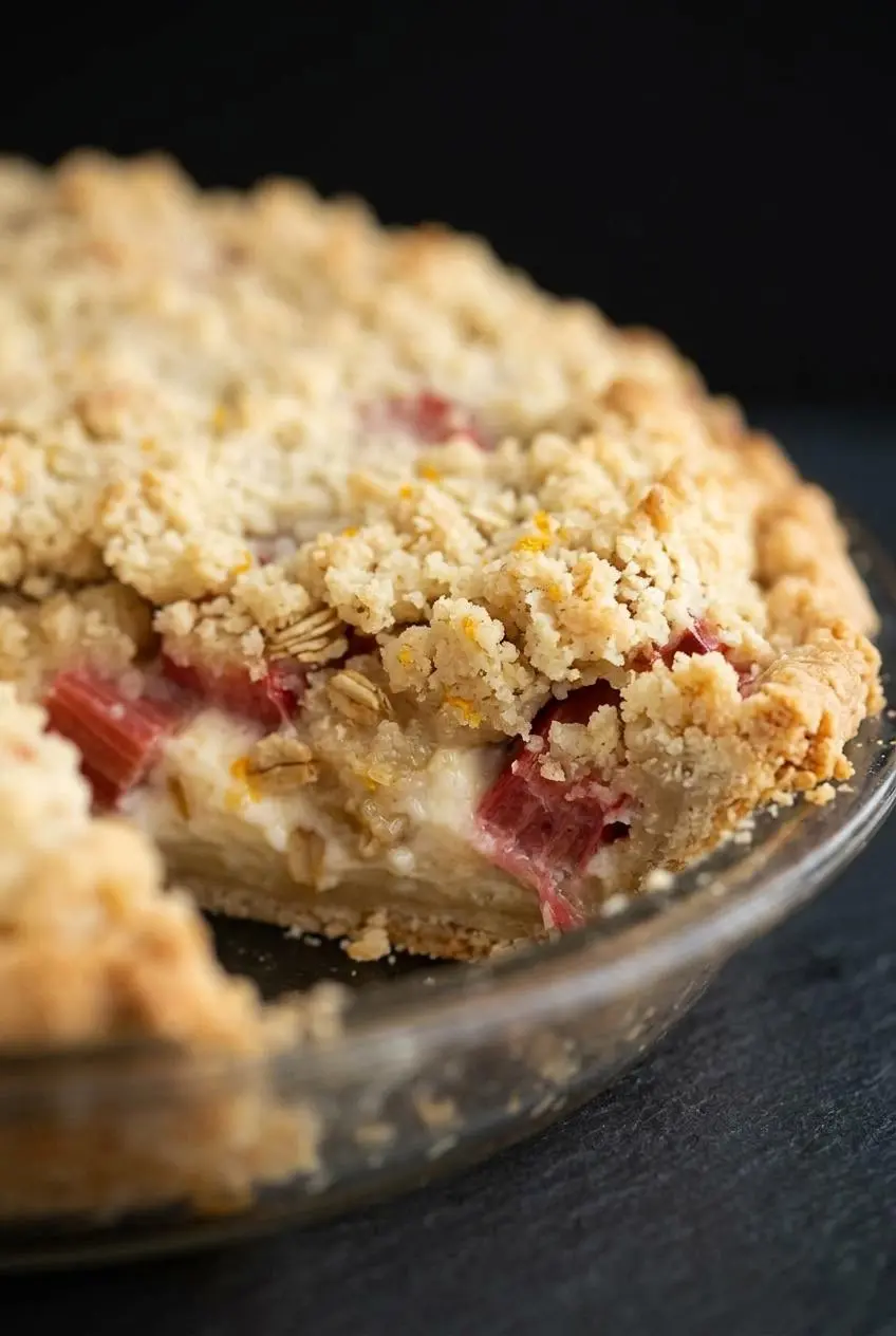 Close-up of baked crumb topping on rhubarb pie with toasted quick oats and orange zest flecks.