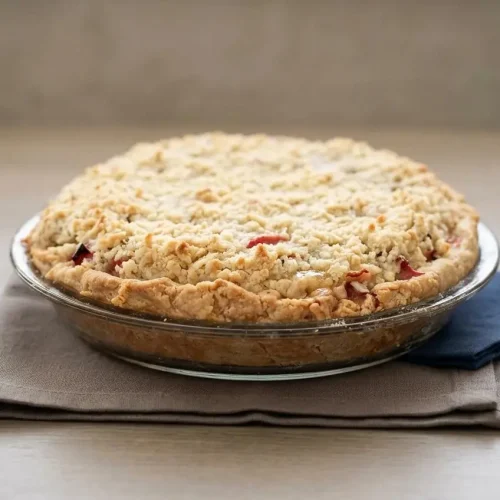 Rhubarb sour cream pie with a golden brown crumb streusel topping in a flaky crust.