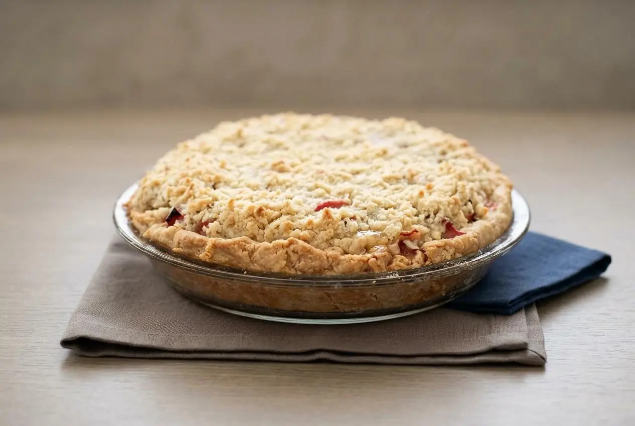 Rhubarb sour cream pie with a golden brown crumb streusel topping in a flaky crust.