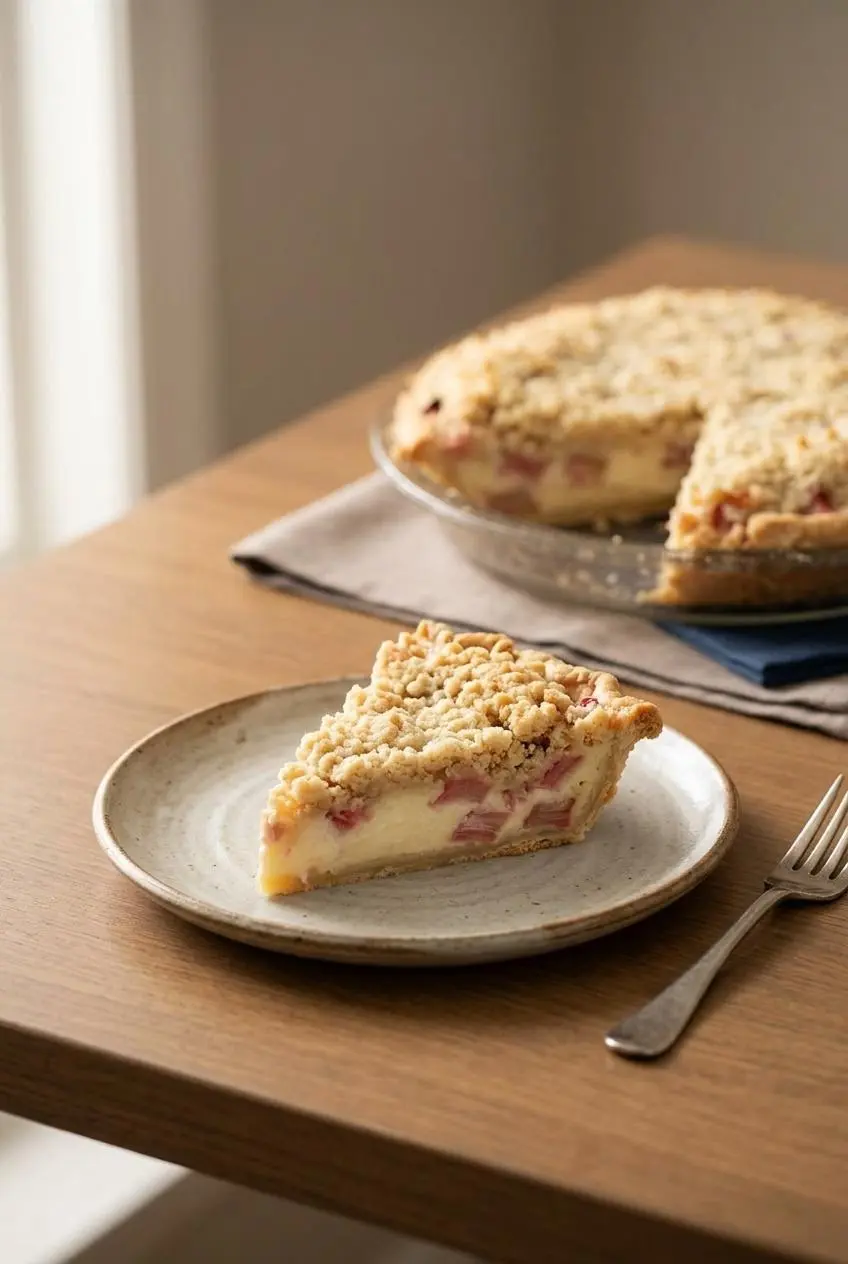 A slice of rhubarb sour cream pie on a rustic ceramic plate showing the distinct custard and crumb layers.