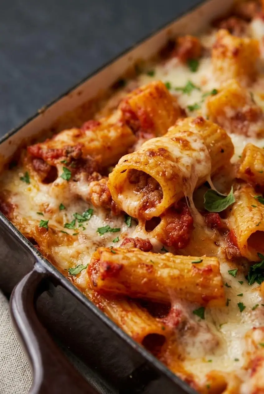 Extreme close-up of ridged rigatoni tubes coated in thick meat sauce with melted mozzarella inside the openings.