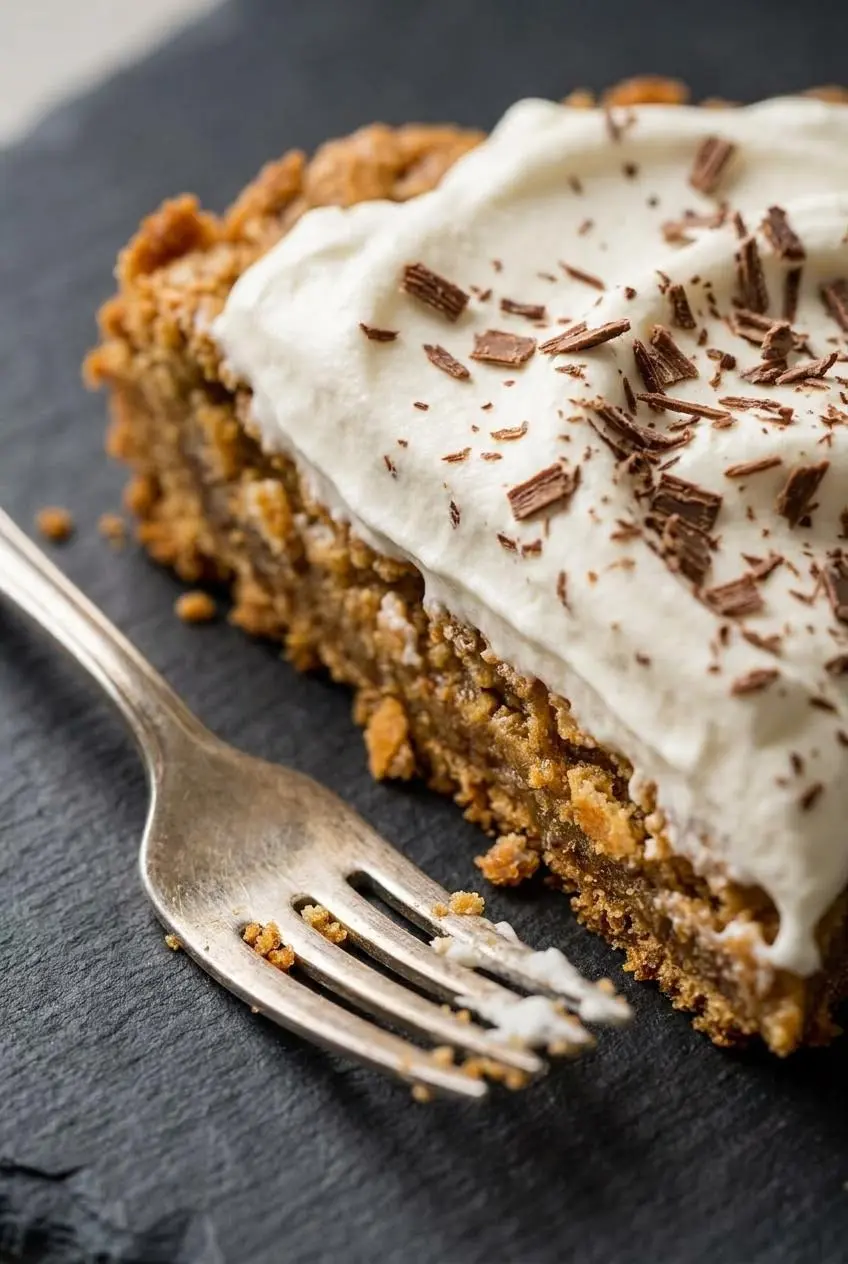 Macro view of a Ritz Torte slice showing the toasted cracker pecan crust texture and fluffy cream topping.