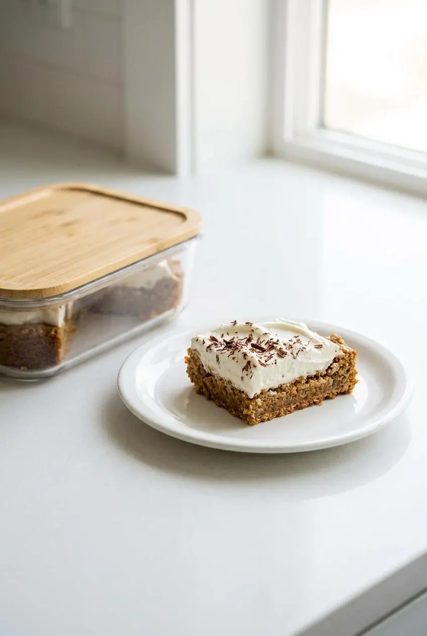 Chilled square portion of Ritz Torte on a white plate next to a glass storage container on a quartz counter.