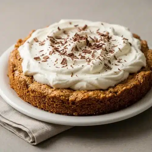 Slice of Ritz Torte featuring a crisp pecan cracker meringue base topped with fluffy vanilla whipped cream.