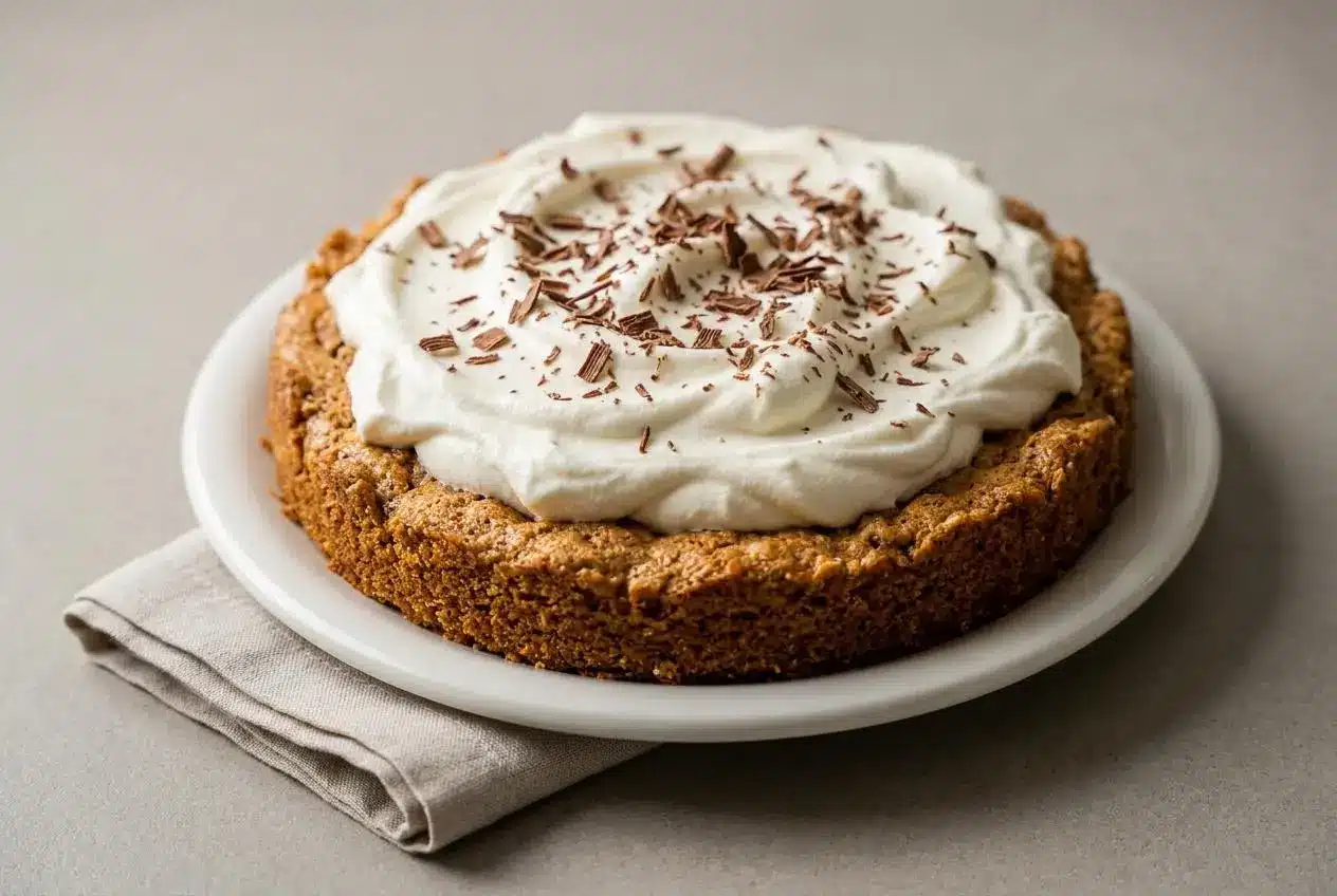Slice of Ritz Torte featuring a crisp pecan cracker meringue base topped with fluffy vanilla whipped cream.