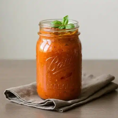 Glossy roasted cherry tomato sauce with a rich texture and visible bits of fresh herbs in a bowl.