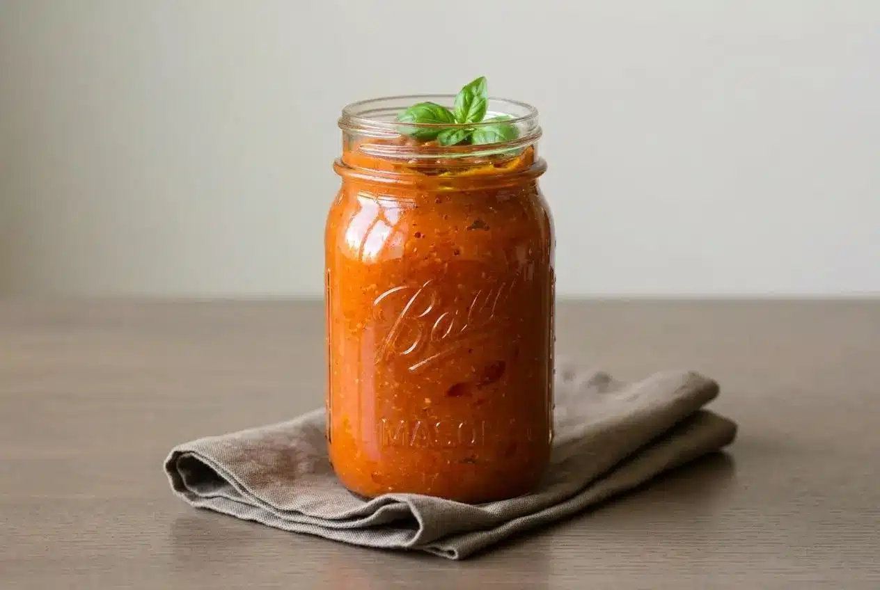 Glossy roasted cherry tomato sauce with a rich texture and visible bits of fresh herbs in a bowl.