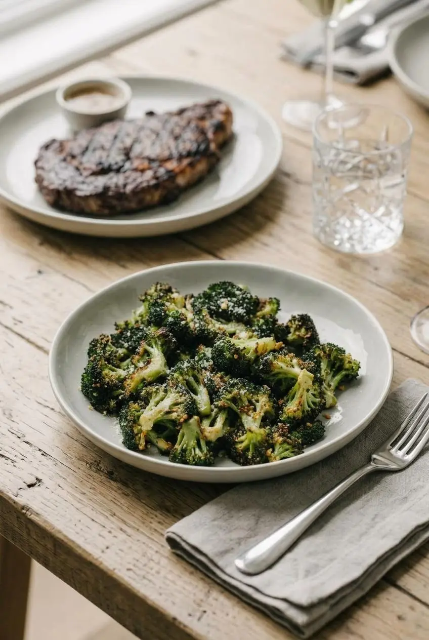 Plated roasted parmesan broccoli served on a wooden table with a grilled ribeye steak in the background.