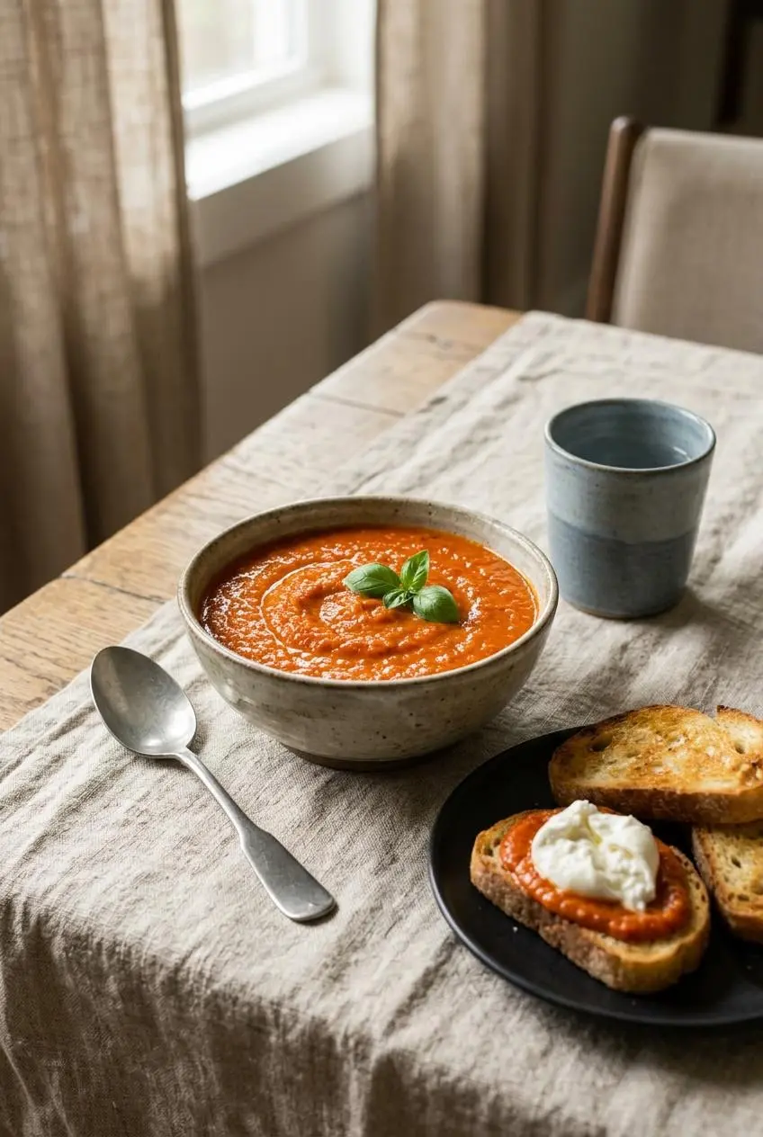 Rustic bowl of cherry tomato sauce on a linen tablecloth next to crostini topped with fresh burrata.