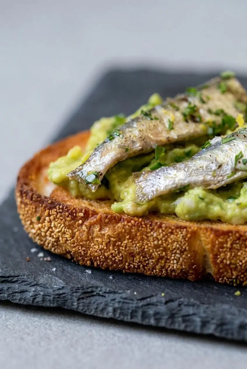 Close-up of a rustic slice of sardine toast showing layered avocado, flaky fish, and fresh parsley.