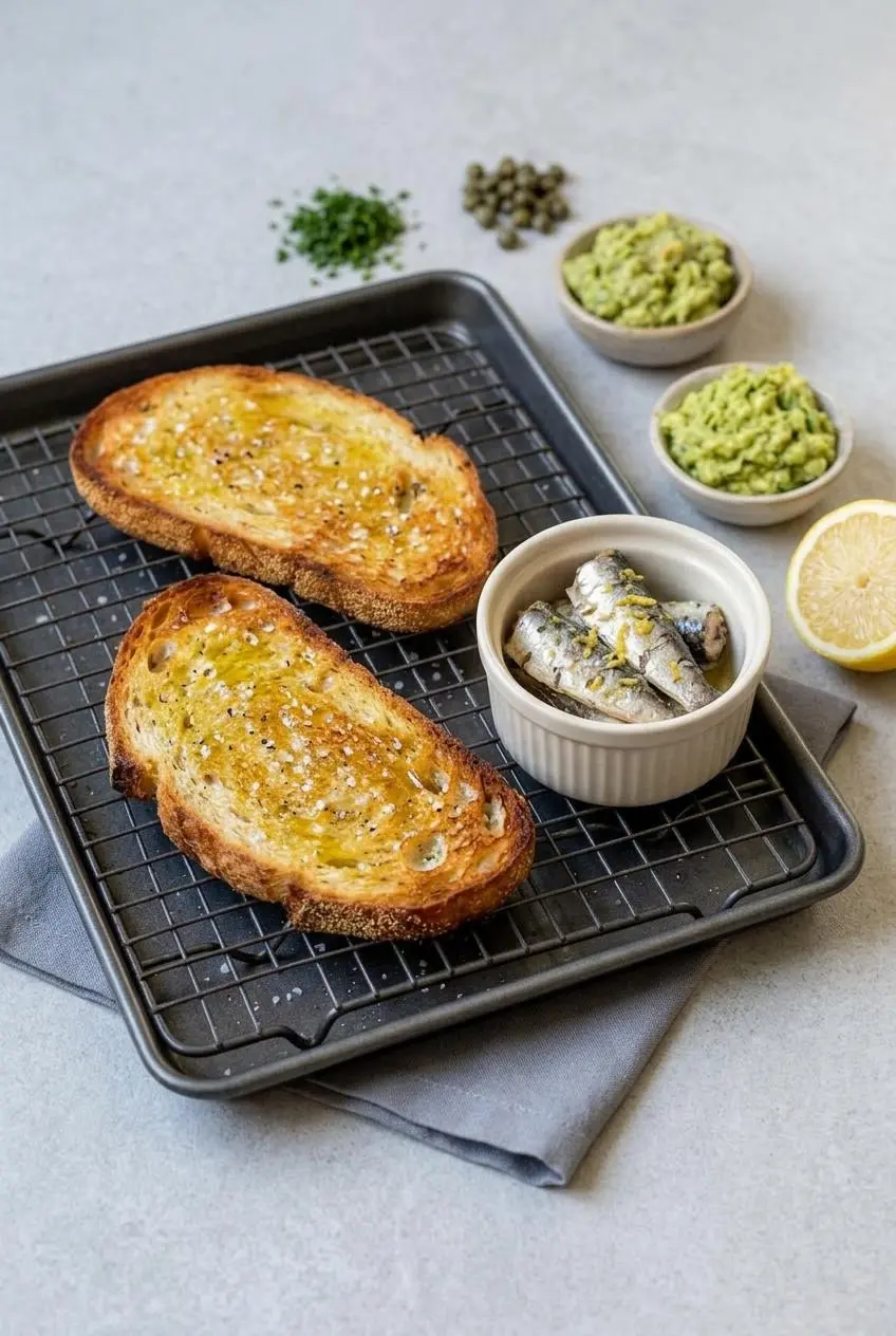 Broiled sourdough slices on a wire rack next to bowls of marinated sardines and fresh avocado.