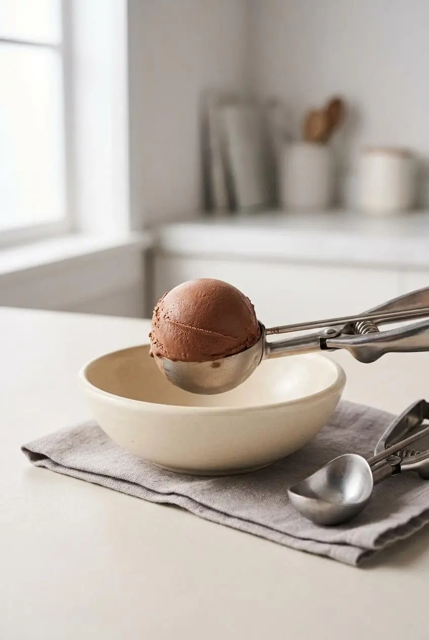 A smooth scoop of chocolate ice cream next to a clean metal ice cream scoop on a countertop.