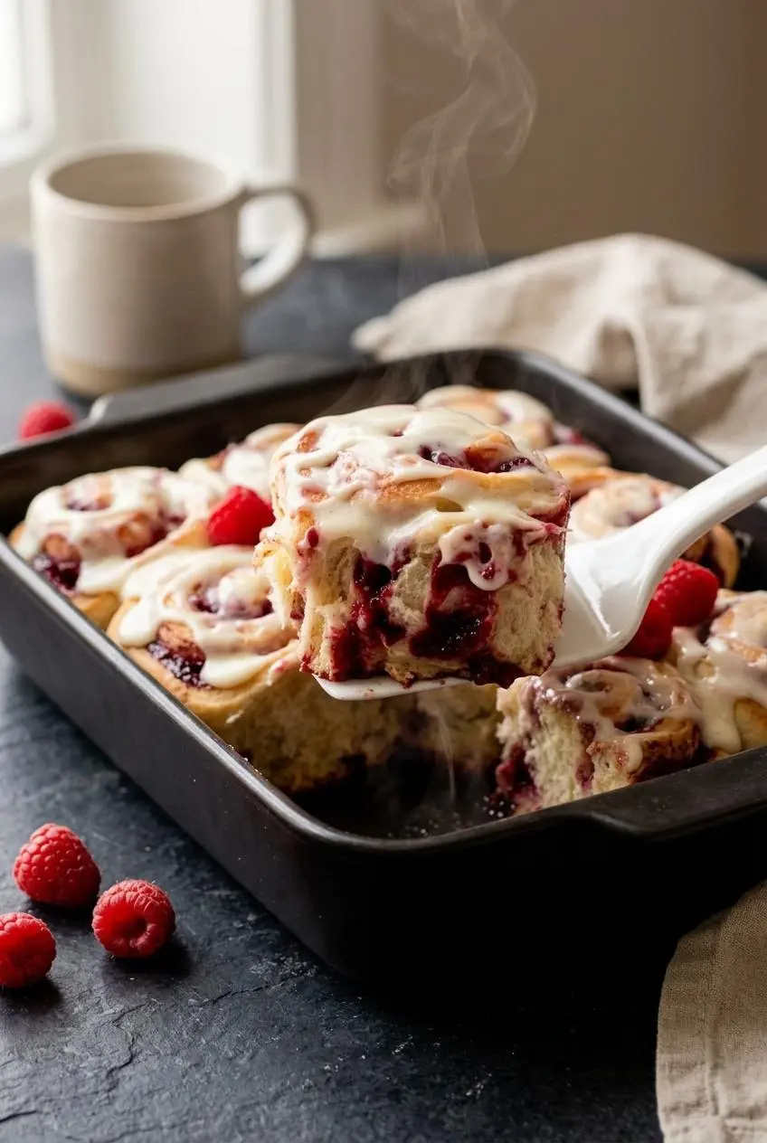 Lifting a warm, glazed raspberry sweet roll out of a baking pan with a ceramic spatula.