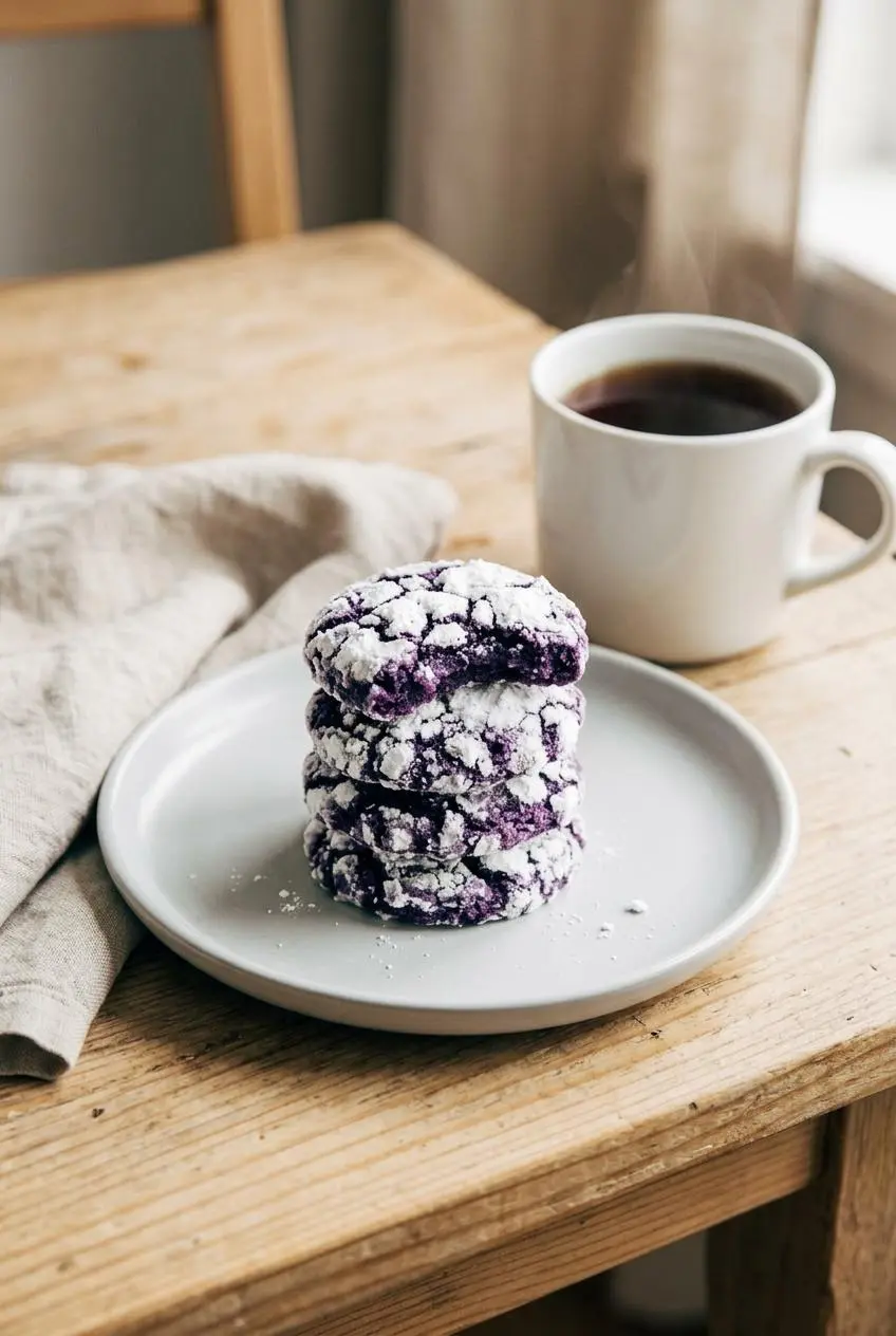 A stack of three ube crinkle cookies on a gray plate next to a cup of tea on a wooden table.
