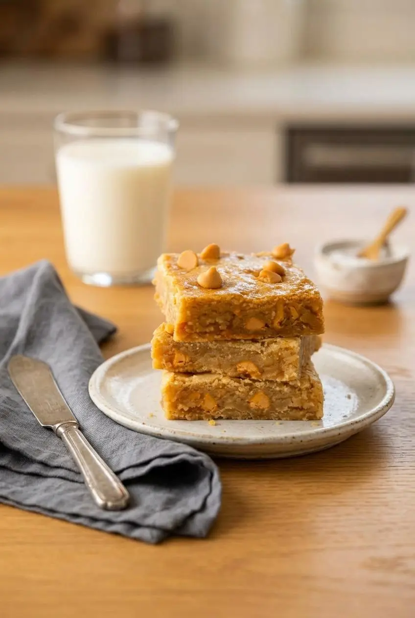 Three thick cut butterscotch bars on a ceramic plate next to a glass of milk on a wooden table.