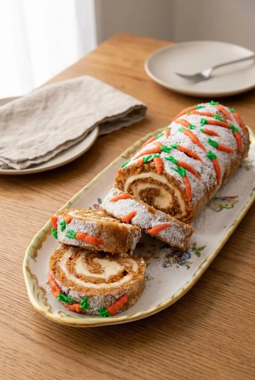 A fully decorated carrot cake roll on a rustic platter with three neat slices overlapping in front.