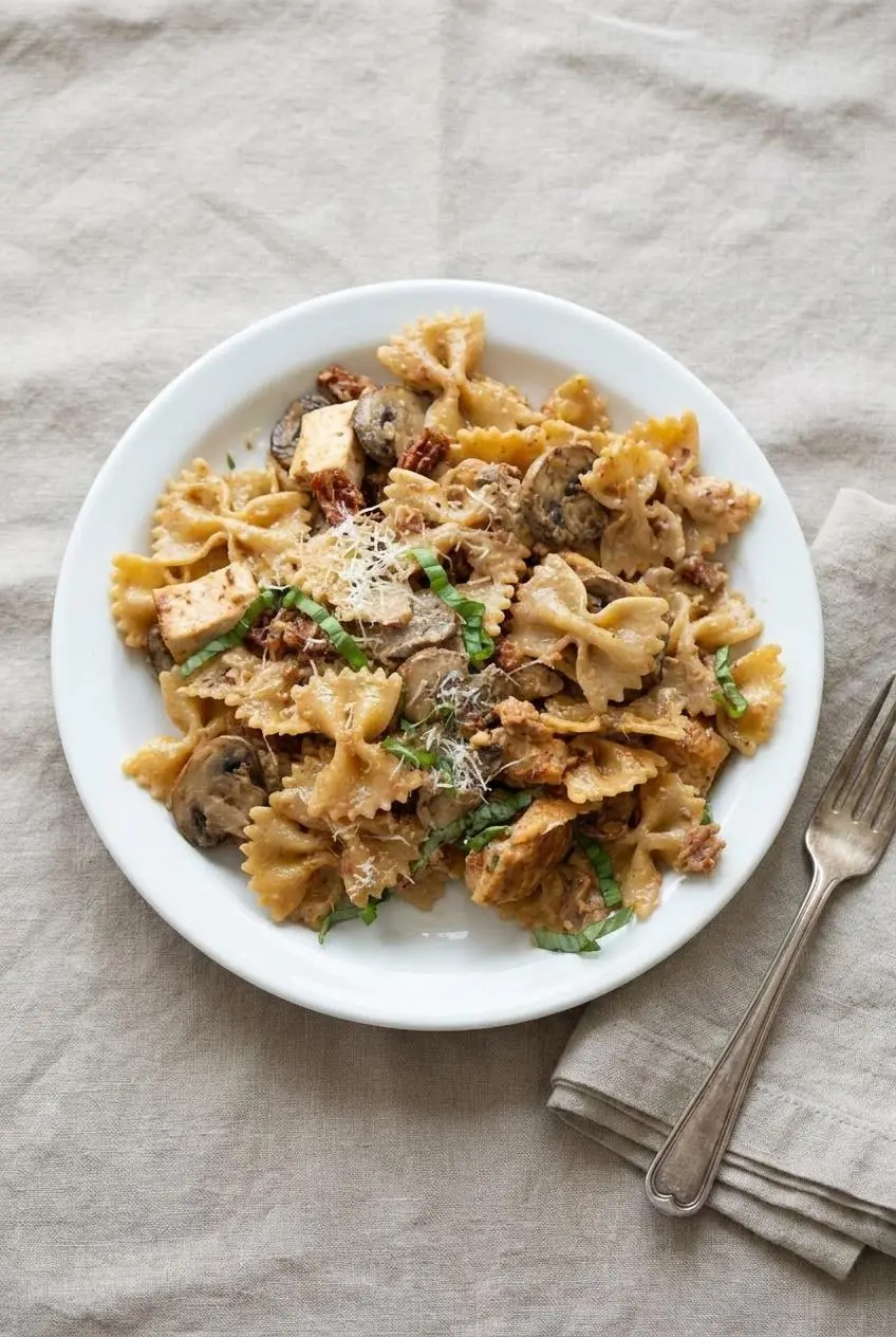 A bowl of Chicken Pasta Milano garnished with fresh basil leaves on a soft linen tablecloth.