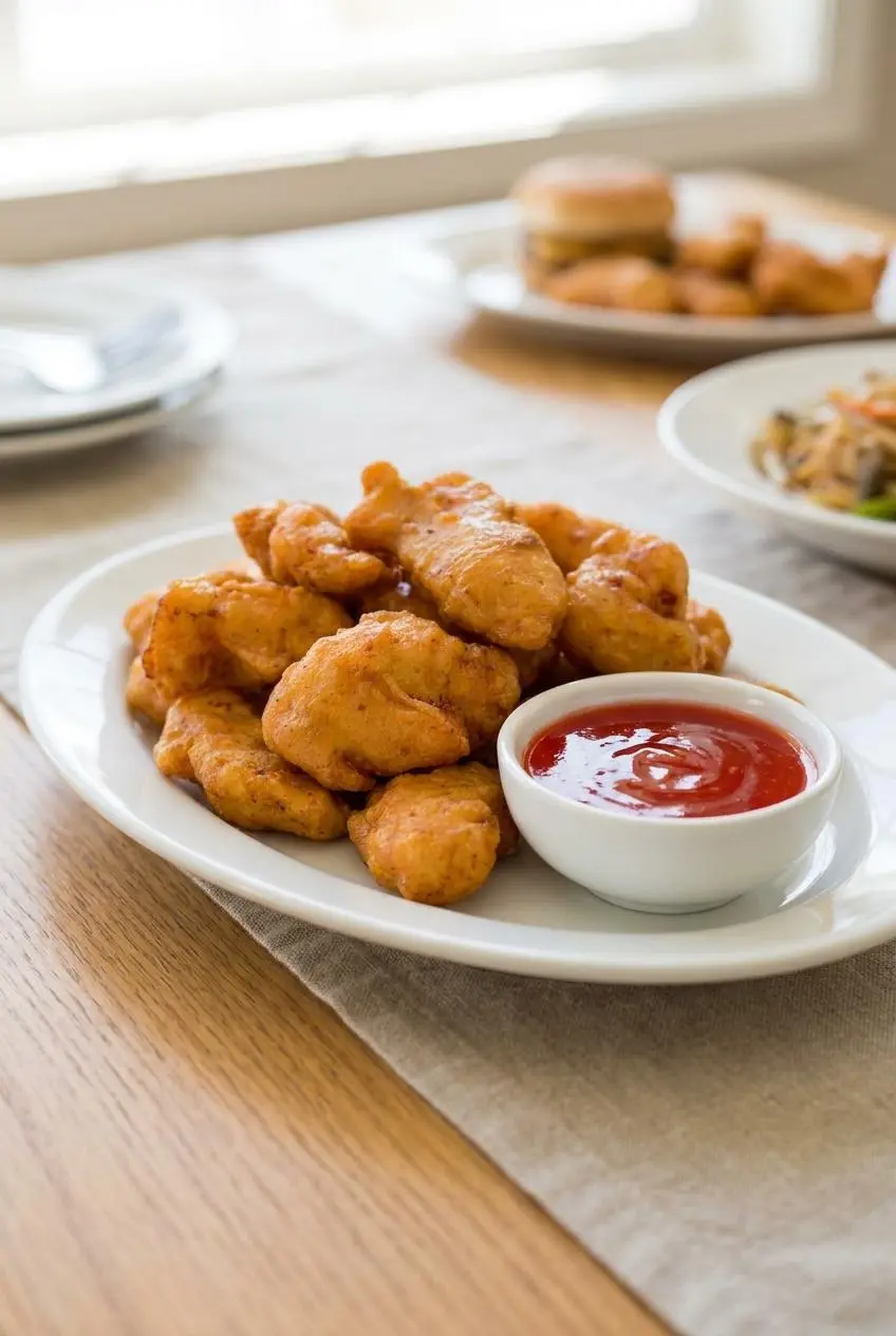 Platter of golden Chinese chicken fingers served alongside a bowl of red sweet and sour dipping sauce.