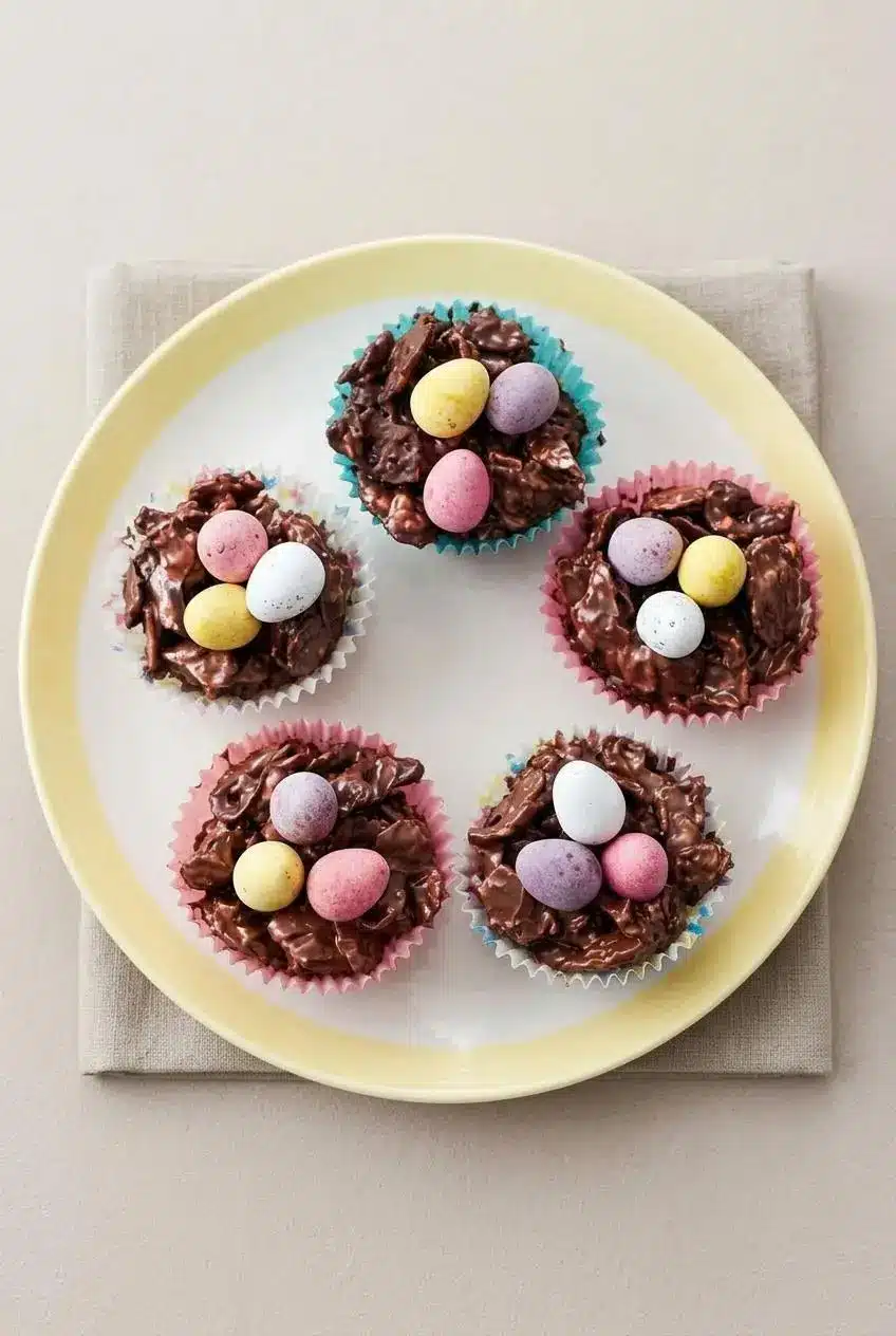 Several chocolate Easter nests in paper cupcake cases arranged beautifully on a cream ceramic serving platter for a spring celebration.