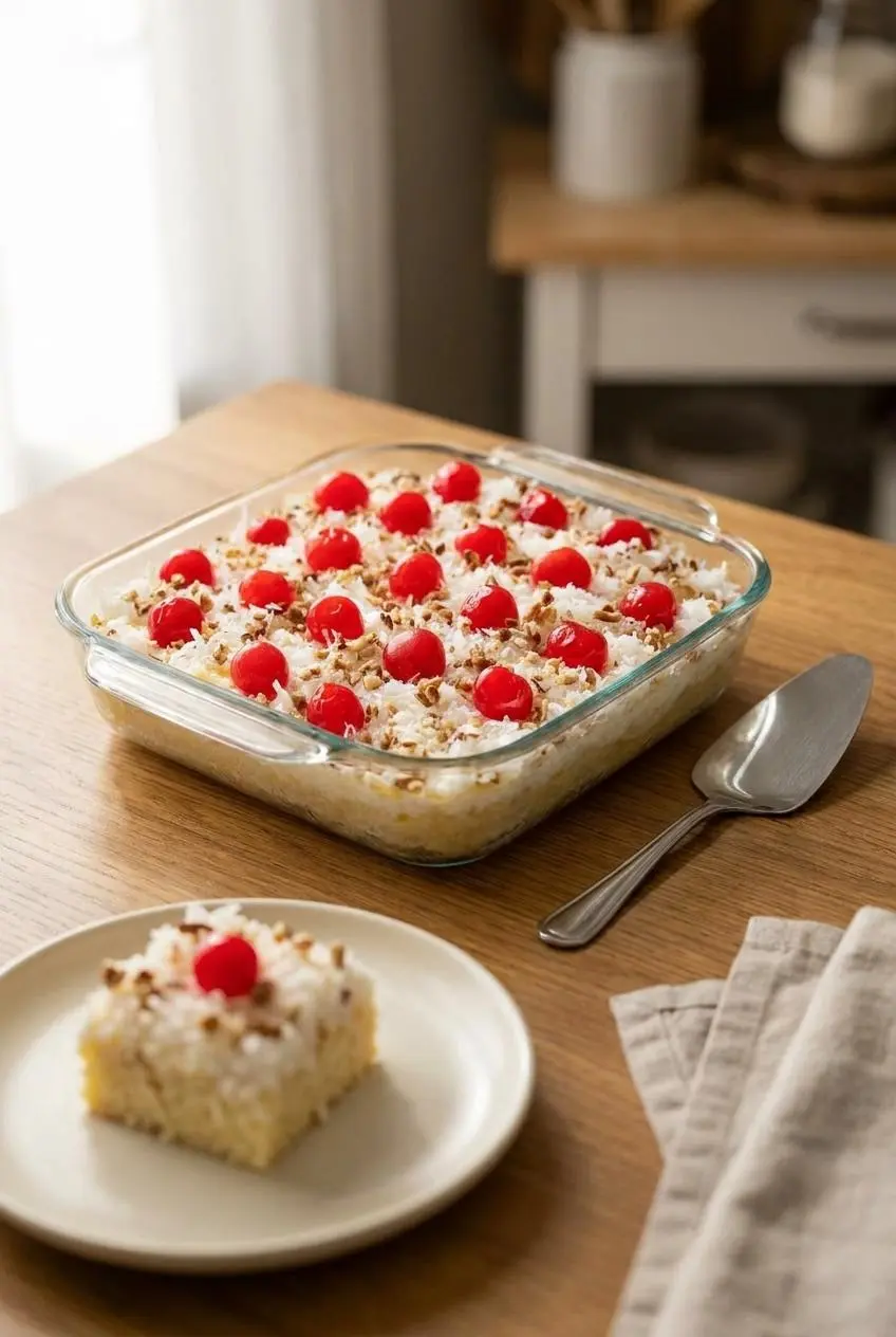 Italian Bakeless Cake served in a glass baking dish on a wooden table with a slice on a plate.