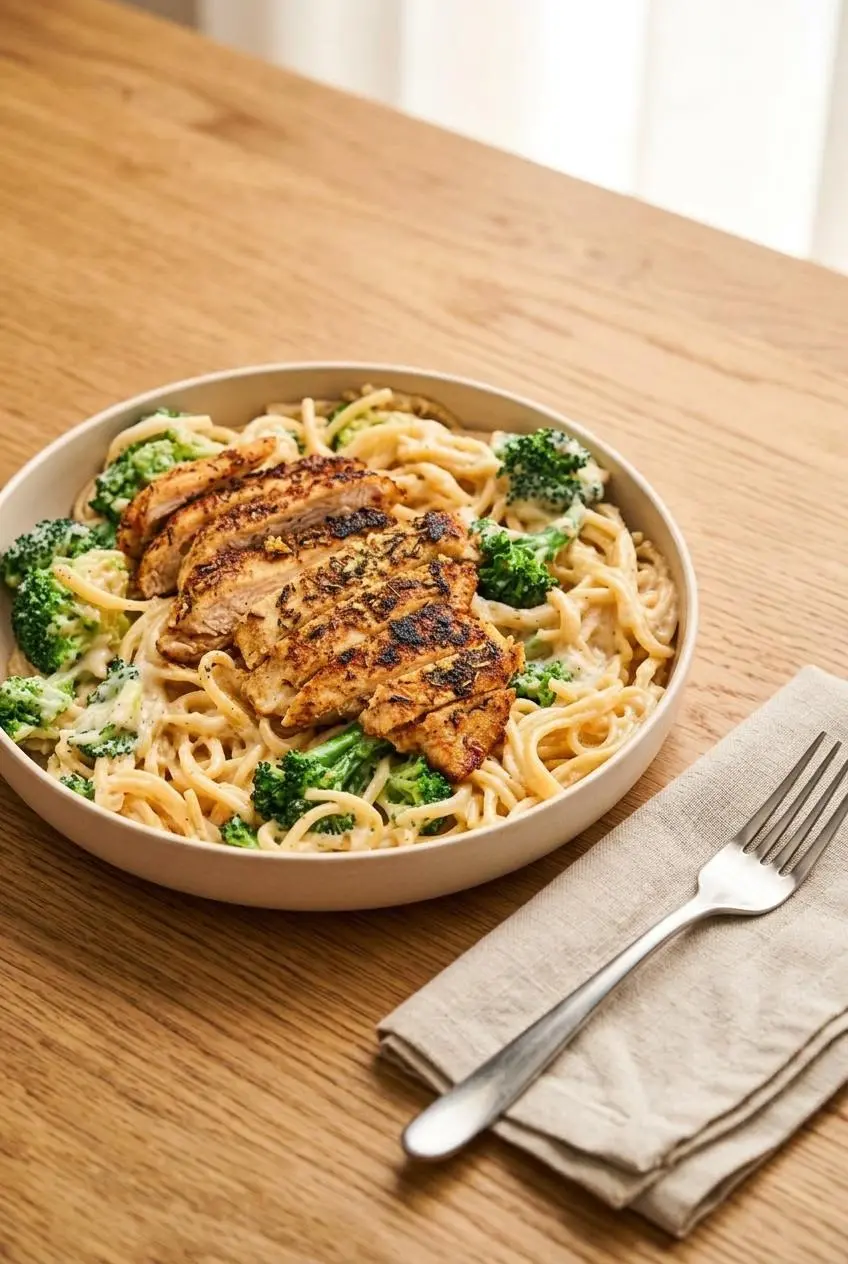 A serving dish of creamy chicken Alfredo with bright green broccoli on a warm wooden dining table.