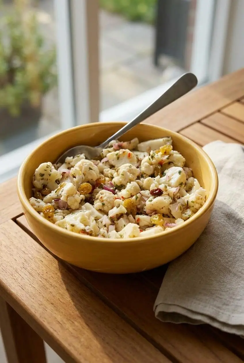 Chilled marinated cauliflower salad served in a ceramic bowl on an outdoor dining table.