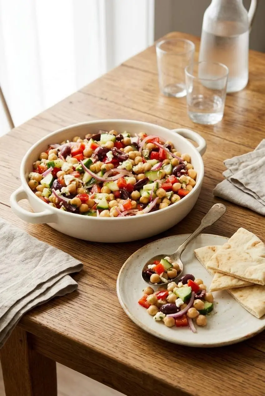 A bowl of fresh chickpea salad served on a rustic wooden table with a portion plated alongside warm pita bread wedges.